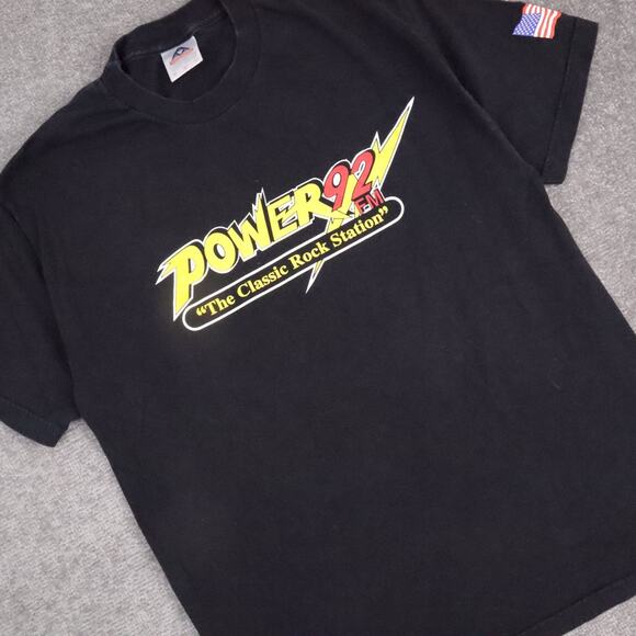 VTG 90s Power 92 Classic Rock Radio Station Large Black Short Sleeve T-Shirt - Picture 7 of 9